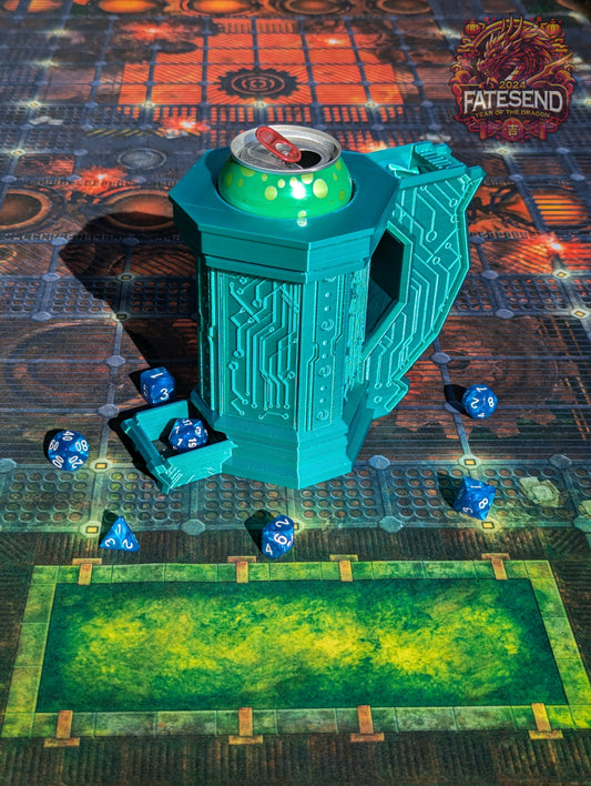 Cyberpunk SciFi 3D Printed Can Holder & Dice Tower Combo | Koozie | Stein Mug | RPG Dice Jail | D20 Dice Vault - Enter the Neon Future!