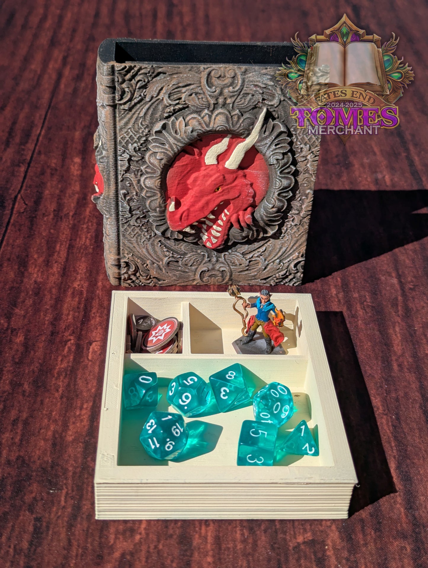 Dragon 3D Printed RPG Spell Book Tome: RPG Dice Tray, Tokens, & Card Storage
