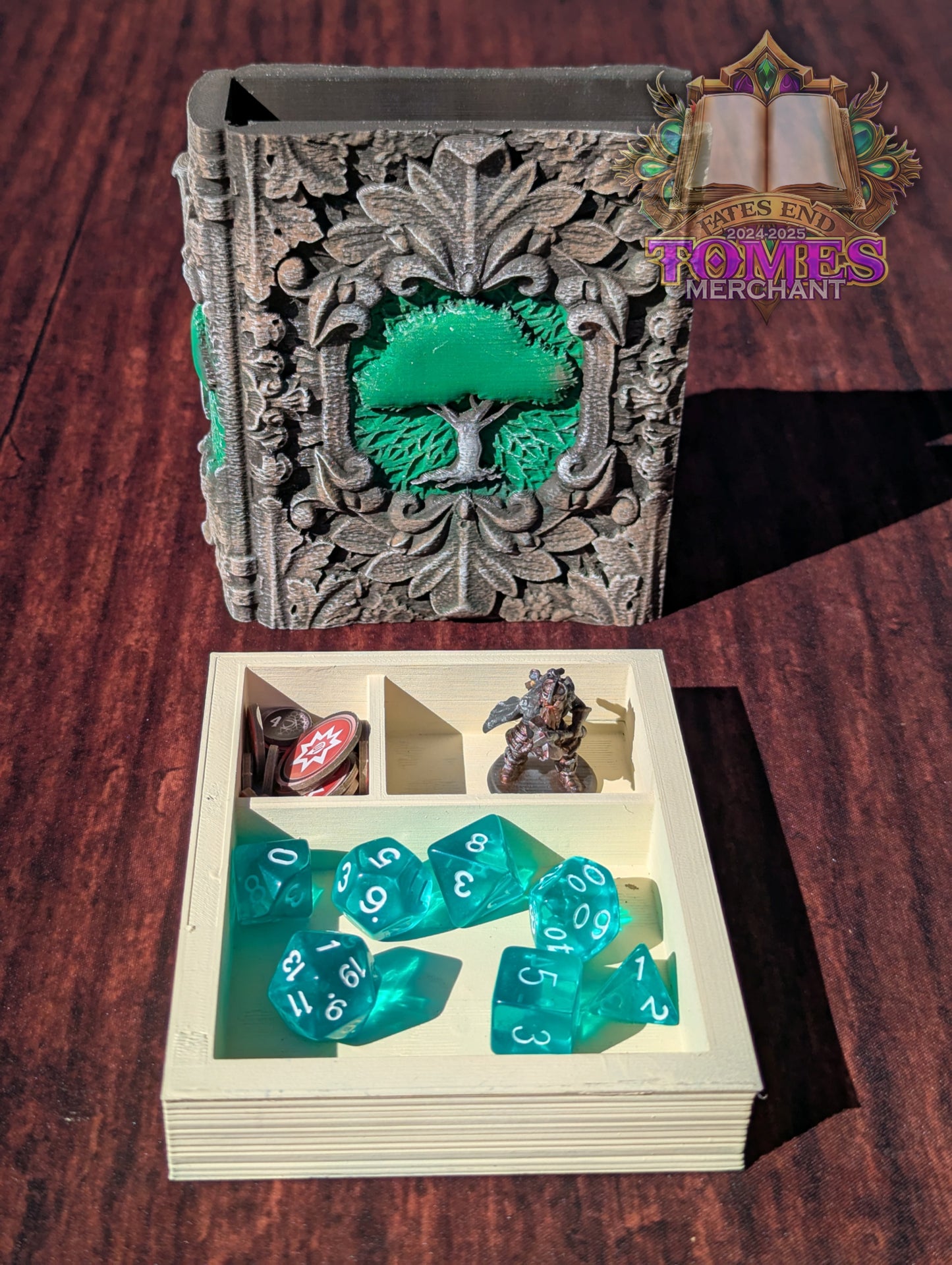 Green Mana Symbol 3D Printed Spell Book Tome: RPG Dice Tray, Tokens, & Card Storage