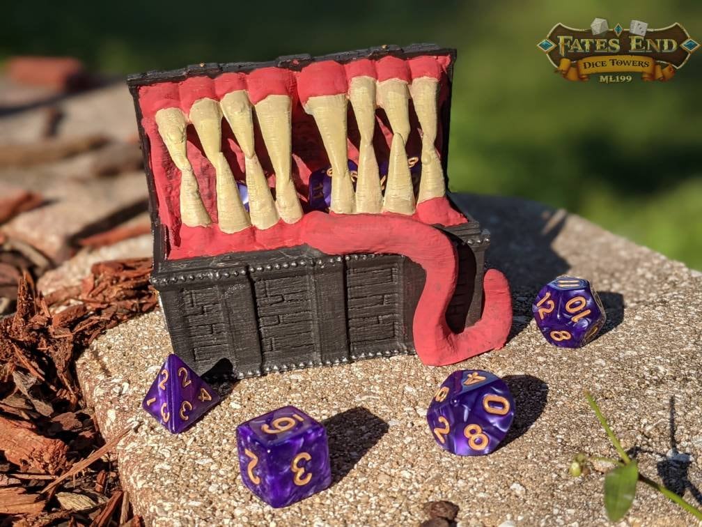 Mimic 3D Printed Dice Jail | RPG Dice Vault | D20 Box | Player Gift - Fate's End Collection - Beware this Treasure Chest Adventurers!