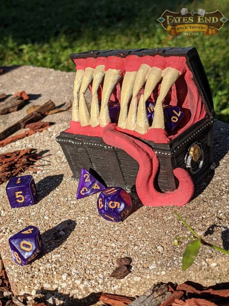 Mimic 3D Printed Dice Jail | RPG Dice Vault | D20 Box | Player Gift - Fate's End Collection - Beware this Treasure Chest Adventurers!