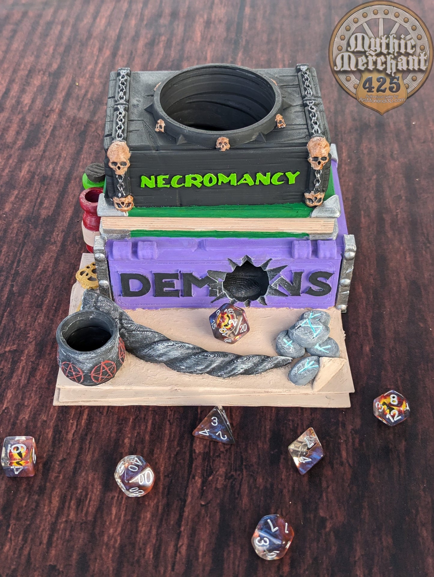 Warlock Spell Book 3D Printed Dice Tower - Mythic Mugs by Ars Moriendi 3D | Dice Tray | D20 Dice Vault - Channel dark magic from the abyss!