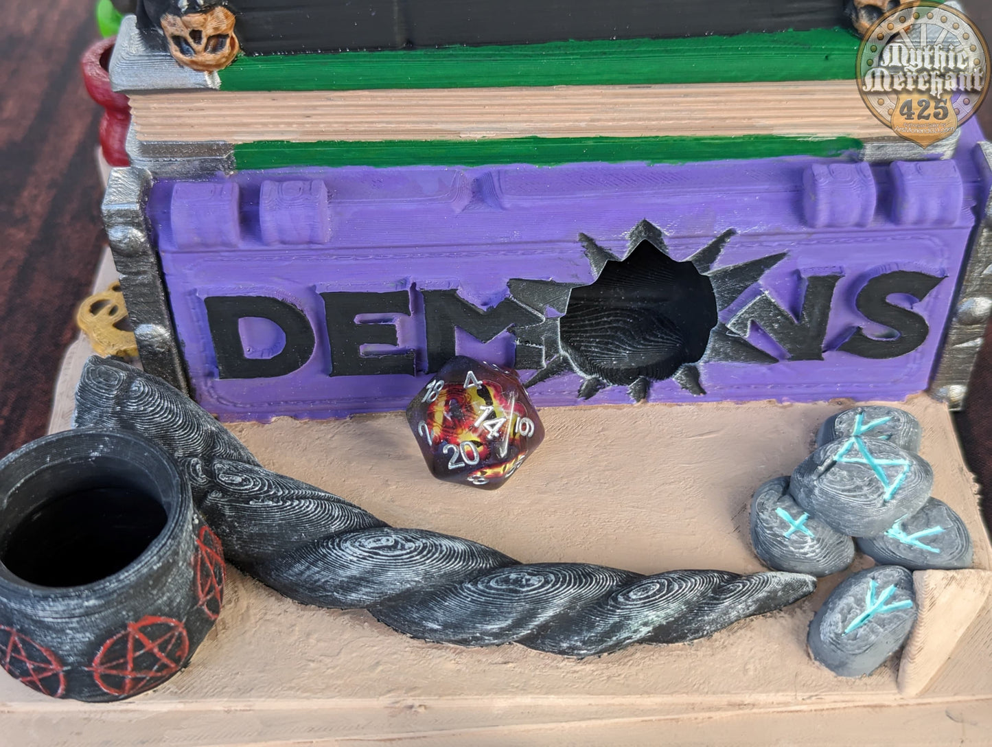 Warlock Spell Book 3D Printed Dice Tower - Mythic Mugs by Ars Moriendi 3D | Dice Tray | D20 Dice Vault - Channel dark magic from the abyss!