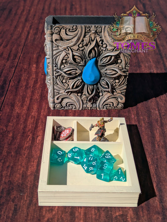 Blue Mana Symbol 3D Printed Spell Book Tome: RPG Dice Tray, Tokens, & Card Storage