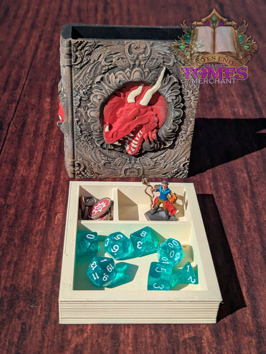 Dragon 3D Printed RPG Spell Book Tome: RPG Dice Tray, Tokens, & Card Storage