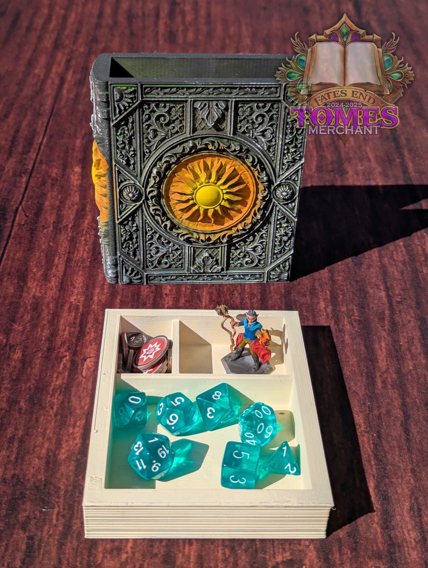 White Mana Symbol 3D Printed Spell Book Tome: RPG Dice Tray, Tokens, & Card Storage