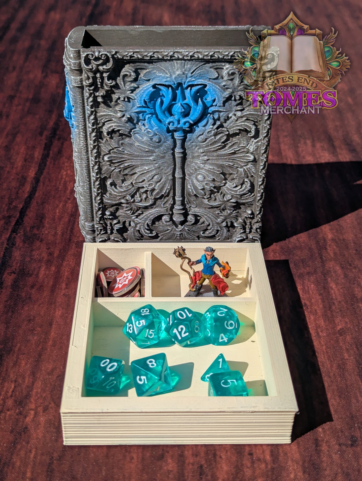 Sorcerer 3D Printed RPG Spell Book Tome: RPG Dice Tray, Tokens, & Card Storage