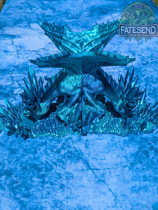 Crystal Ice Dragon Book End Set- Fate's End Collection by Kim Bolt - Fantasy Decor - Frost-Bound Guardians for your Favorite Tomes!