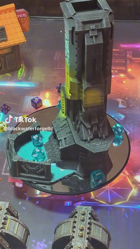 Cyberpunk-Control SciFi Dice Tower by Unchained Games - Mythic Roll Collection - Delve into Digital Domains & Future Realms with Each Toss!