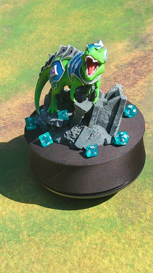 Armored War T-Rex 3D Printed Dice Tower – Fate's End Collection by Kim Bolt - Unleash Prehistoric Power!