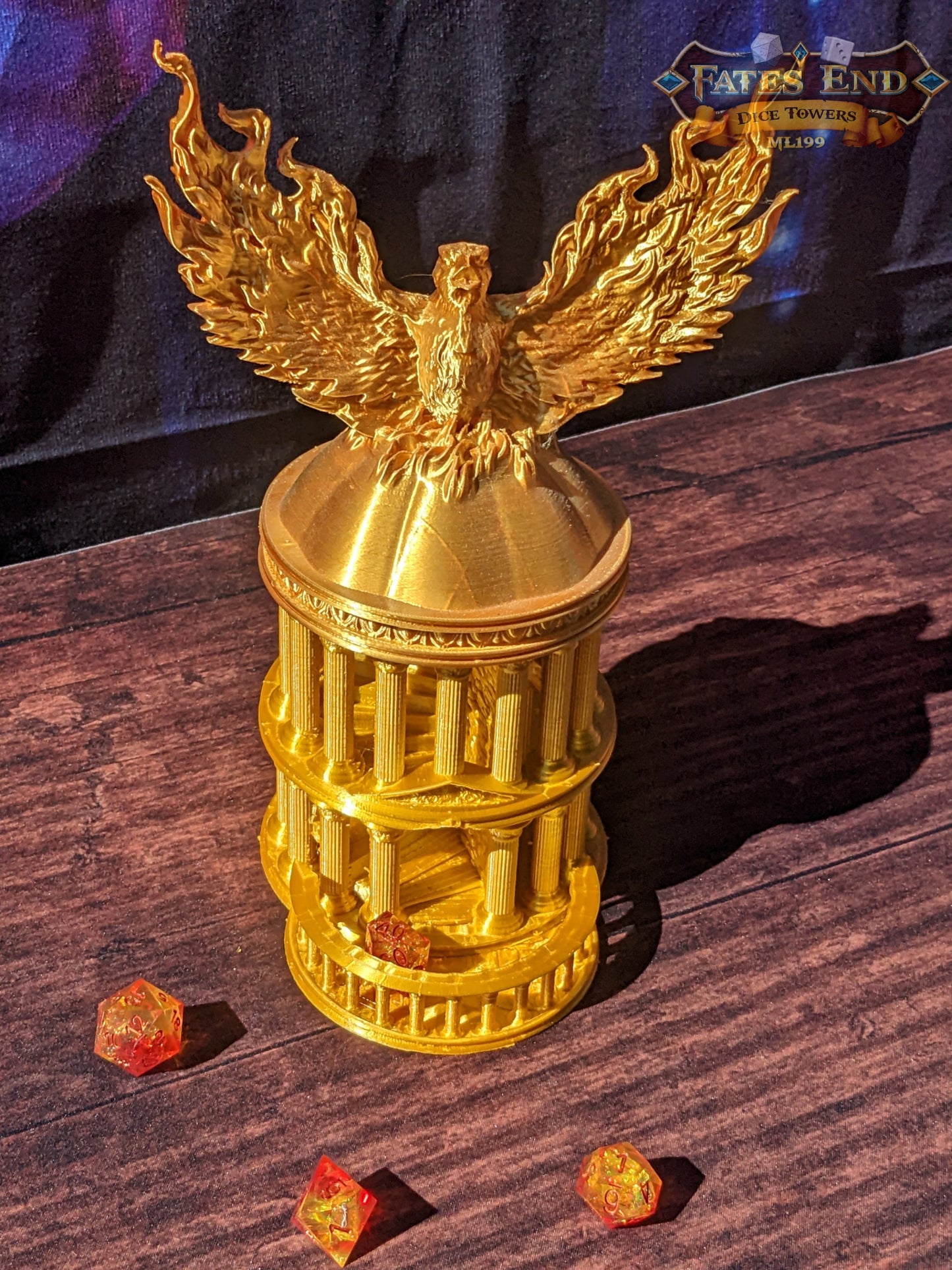 Phoenix 3D Printed Dice Tower - Fate's End Collection - Ignite Your Rolls with Flames of Rebirth and Soaring Resilience.