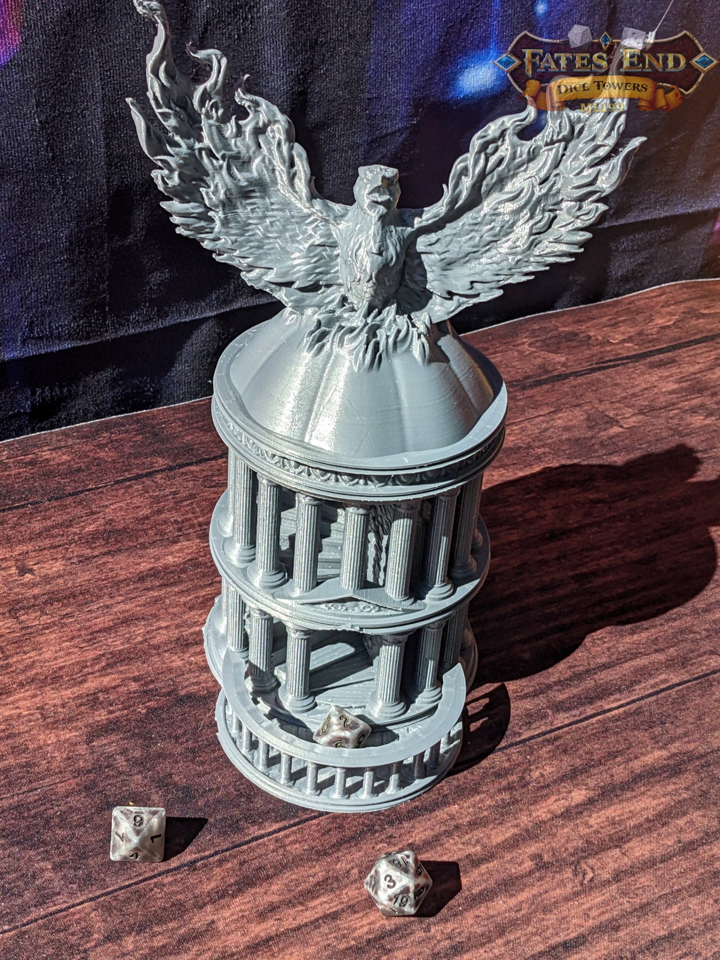 Phoenix 3D Printed Dice Tower - Fate's End Collection - Ignite Your Rolls with Flames of Rebirth and Soaring Resilience.