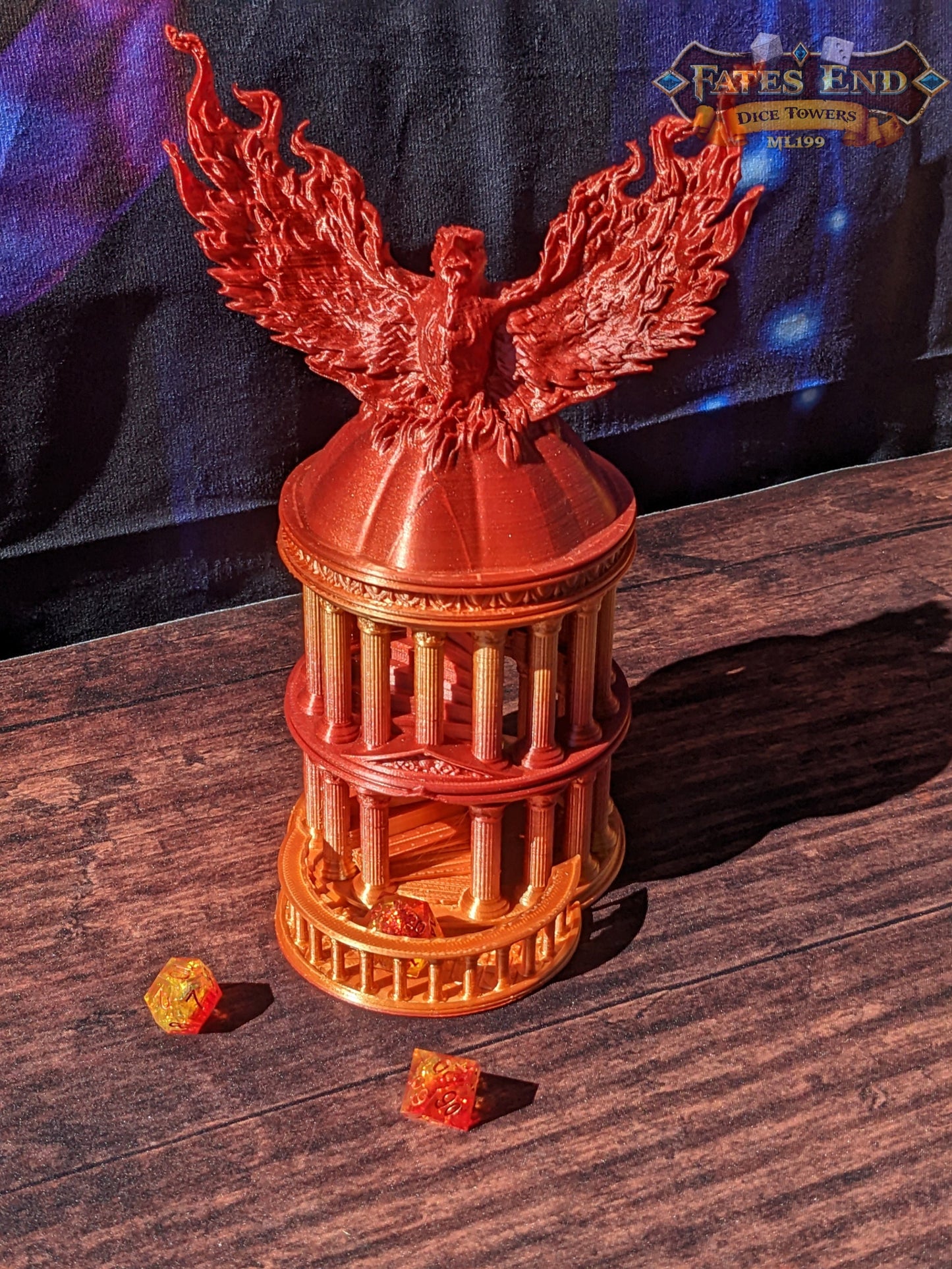 Phoenix 3D Printed Dice Tower - Fate's End Collection - Ignite Your Rolls with Flames of Rebirth and Soaring Resilience.