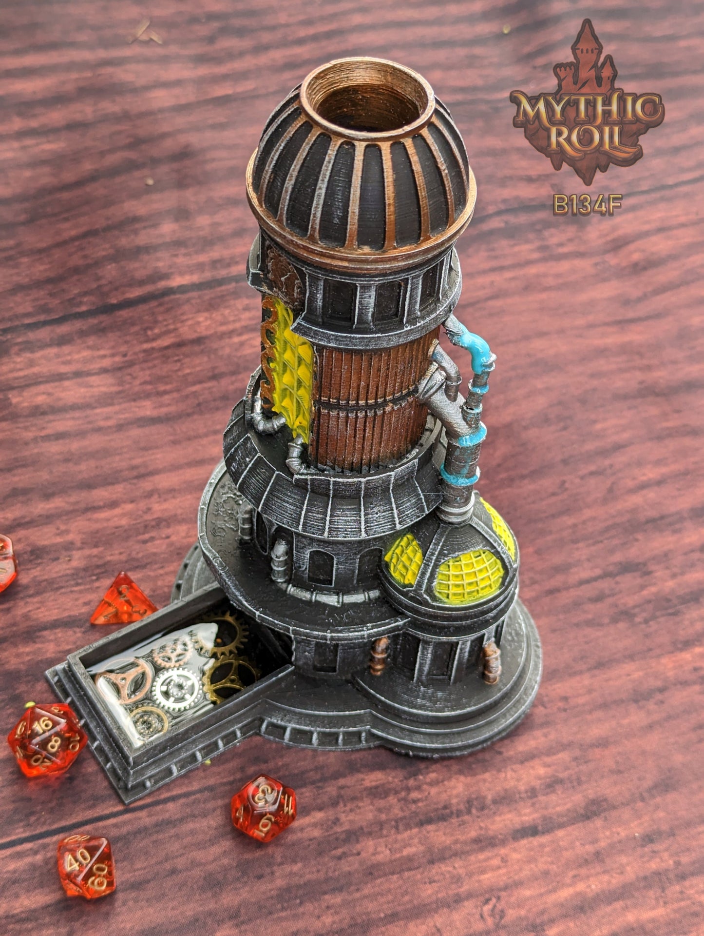 Steampunk 3D Printed Dice Tower- Mythic Roll Collection by Unchained Games - Tabletop RPG Gaming Cosplay - Roll with Clock Work Precision!