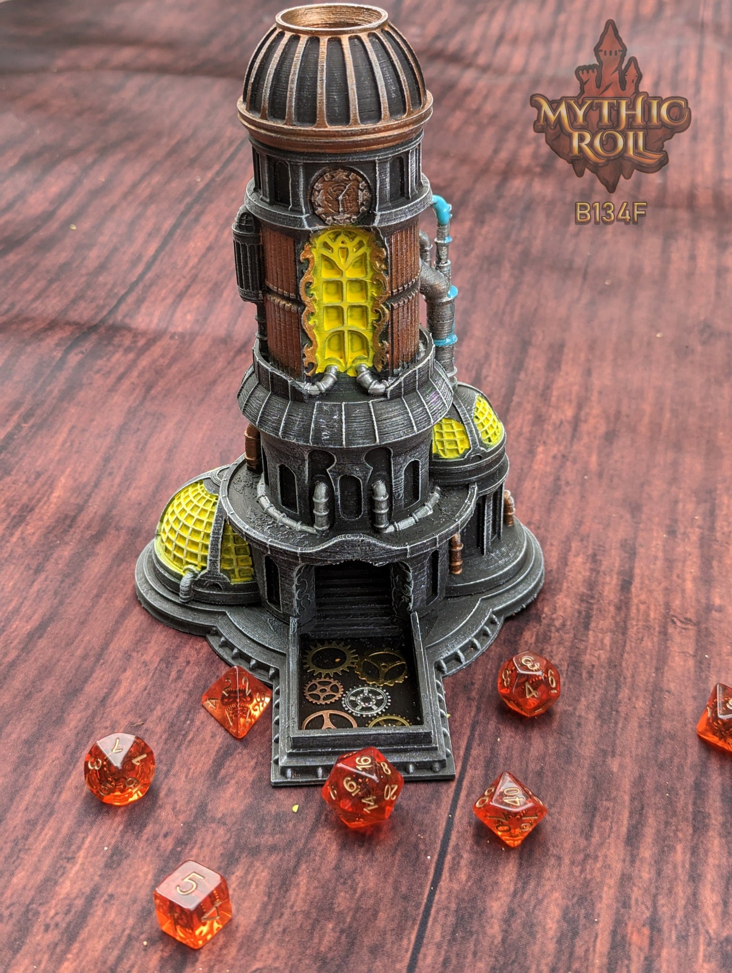 Steampunk 3D Printed Dice Tower- Mythic Roll Collection by Unchained Games - Tabletop RPG Gaming Cosplay - Roll with Clock Work Precision!