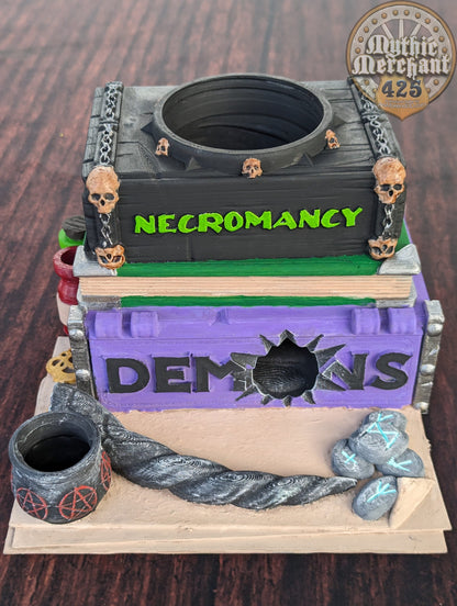 Warlock Spell Book 3D Printed Dice Tower - Mythic Mugs by Ars Moriendi 3D | Dice Tray | D20 Dice Vault - Channel dark magic from the abyss!